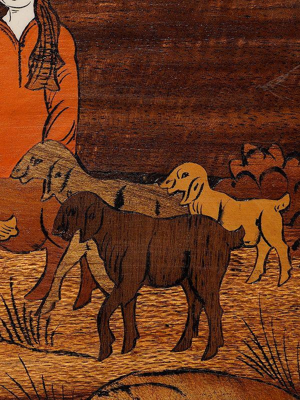 Exotic India 12" The Rural Life With Goats | Rosewood Panel With Inlay Work 