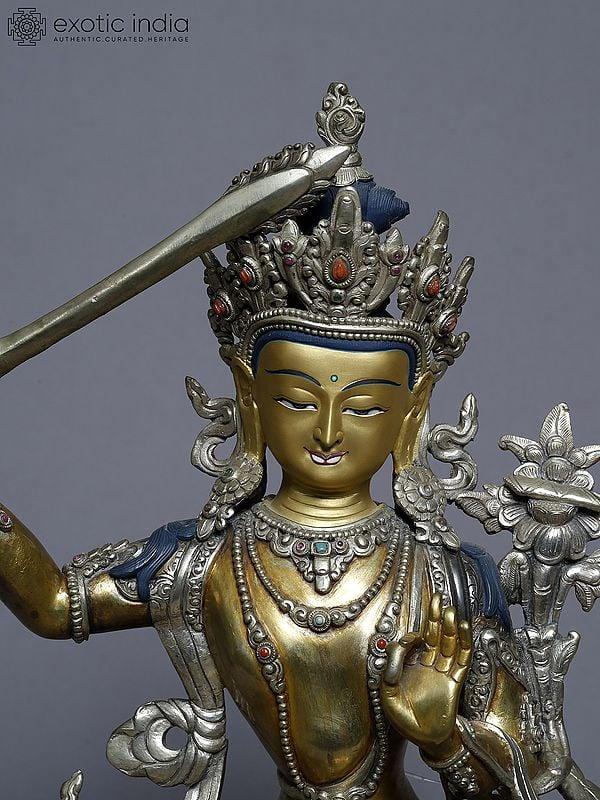 Exotic India 12" Tibetan Buddhist Manjushree Holding Sword In Copper Gold Plated From Nepal 