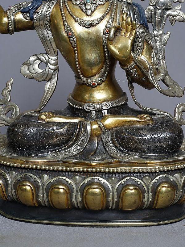 Exotic India 12" Tibetan Buddhist Manjushree Holding Sword In Copper Gold Plated From Nepal 