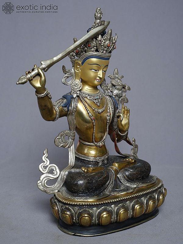 Exotic India 12" Tibetan Buddhist Manjushree Holding Sword In Copper Gold Plated From Nepal 