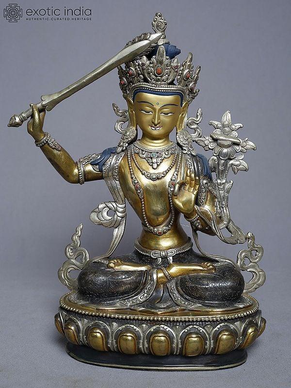 exotic india 12" Tibetan Buddhist Manjushree Holding Sword In Copper Gold Plated From Nepal 