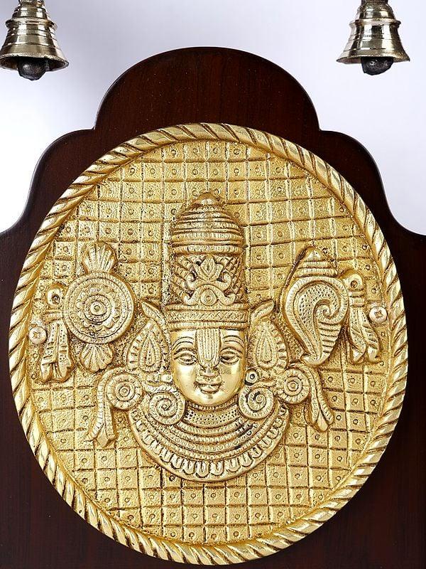 Exotic India 12" Tirupati Balaji (Venkateshvara) Wall Hanging Frame With Bells | Brass And Wood 