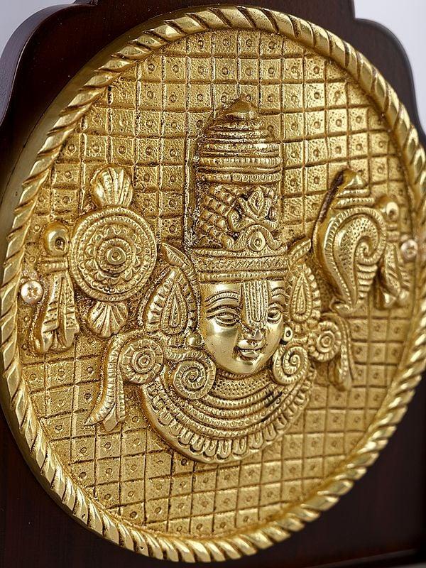 Exotic India 12" Tirupati Balaji (Venkateshvara) Wall Hanging Frame With Bells | Brass And Wood 