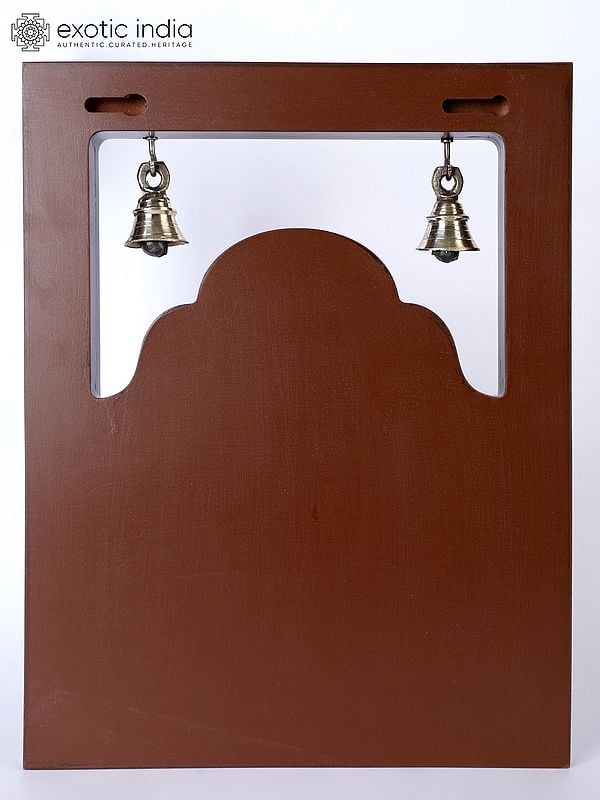 Exotic India 12" Tirupati Balaji (Venkateshvara) Wall Hanging Frame With Bells | Brass And Wood 