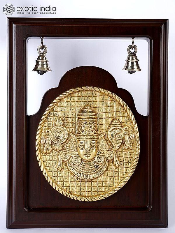 exotic india 12" Tirupati Balaji (Venkateshvara) Wall Hanging Frame with Bells | Brass and Wood 