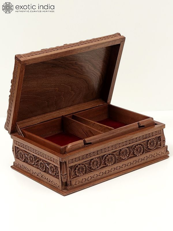 Exotic India 12" Walnut Wood Fully Carved Designer Jewellery Box 
