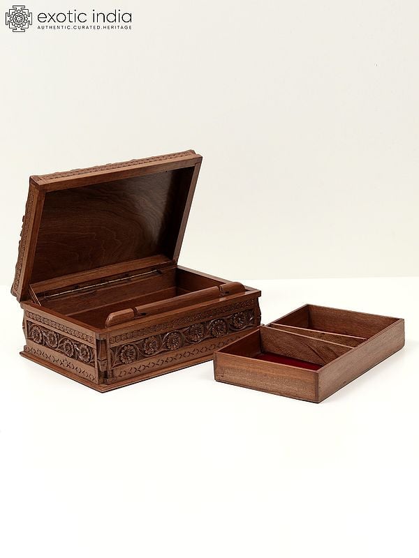 Exotic India 12" Walnut Wood Fully Carved Designer Jewellery Box 