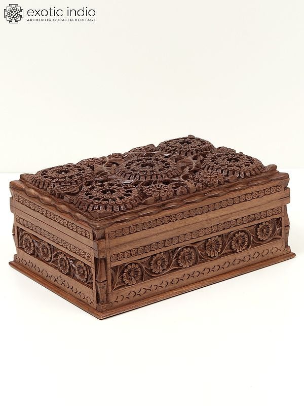 exotic india 12" Walnut Wood Fully Carved Designer Jewellery Box