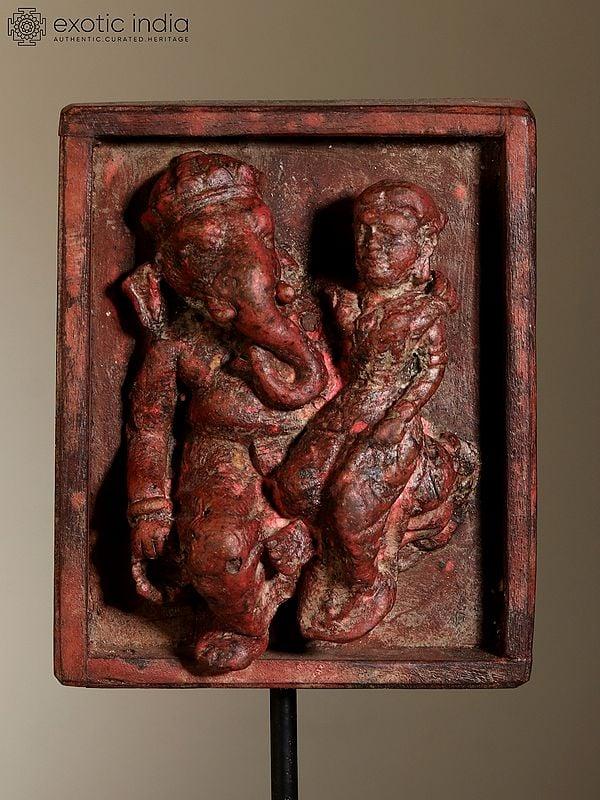 Exotic India 12" Wood Carved Shakti Ganesha On Iron Stand 