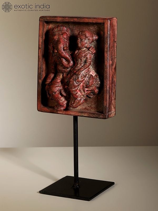 Exotic India 12" Wood Carved Shakti Ganesha On Iron Stand 