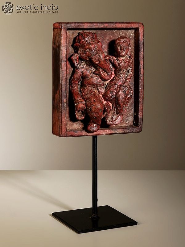 Exotic India 12" Wood Carved Shakti Ganesha On Iron Stand 