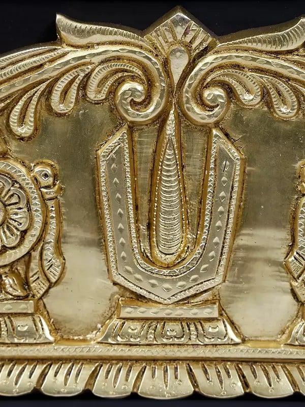 Exotic India 12" Wood Framed Vaishnava Symbols In Brass | Wall Hanging 