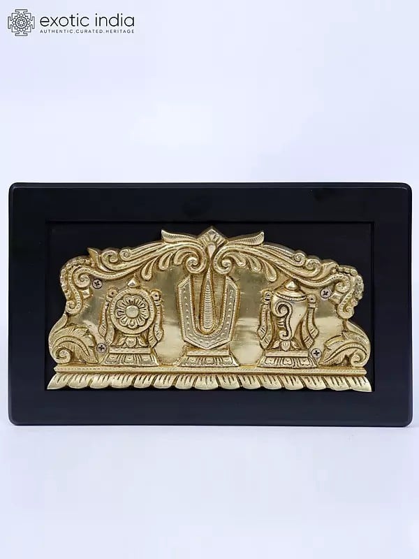 exotic india 12" Wood Framed Vaishnava Symbols in Brass | Wall Hanging 