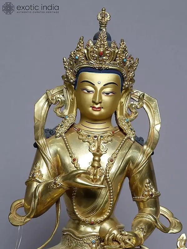 Exotic India 13" Bodhisattva Vajrasattva Statue Holding A Vajra In Copper Gold Plated From Nepal 