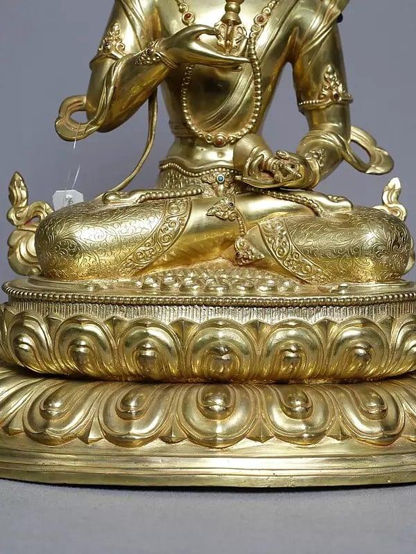 Exotic India 13" Bodhisattva Vajrasattva Statue Holding A Vajra In Copper Gold Plated From Nepal 