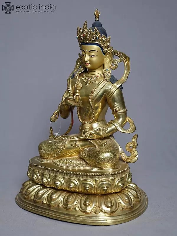 Exotic India 13" Bodhisattva Vajrasattva Statue Holding A Vajra In Copper Gold Plated From Nepal 