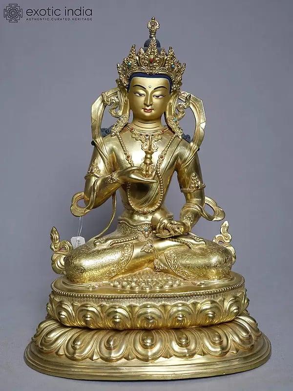 exotic india 13" Bodhisattva Vajrasattva Statue Holding A Vajra In Copper Gold Plated From Nepal 