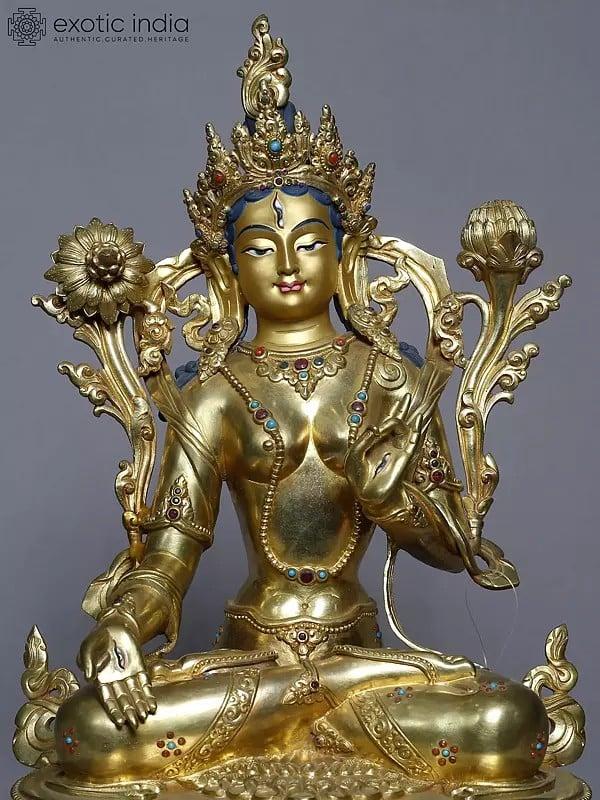 Exotic India 13" Copper Gold Plated White Tara Statue In Blessing Gesture From Nepal | Handmade 