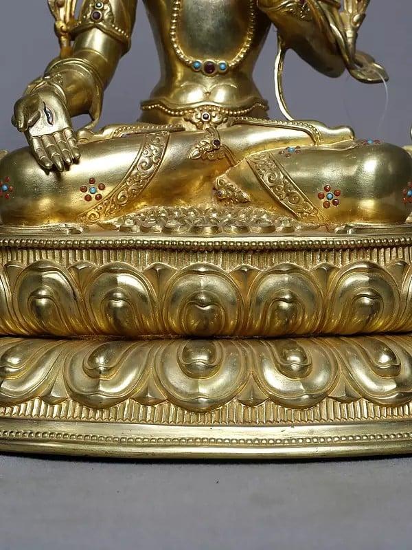 Exotic India 13" Copper Gold Plated White Tara Statue In Blessing Gesture From Nepal | Handmade 