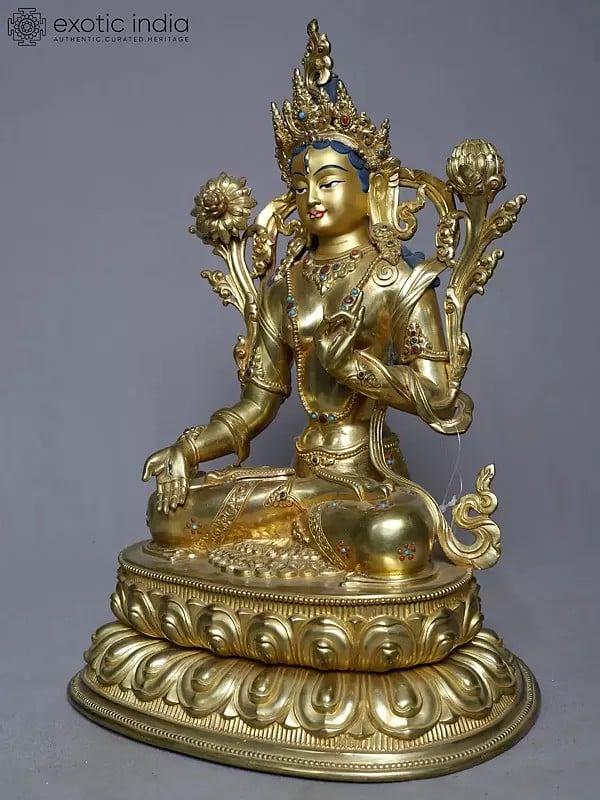 Exotic India 13" Copper Gold Plated White Tara Statue In Blessing Gesture From Nepal | Handmade 
