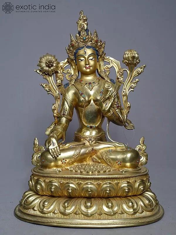 exotic india 13" Copper Gold Plated White Tara Statue In Blessing Gesture From Nepal | Handmade 