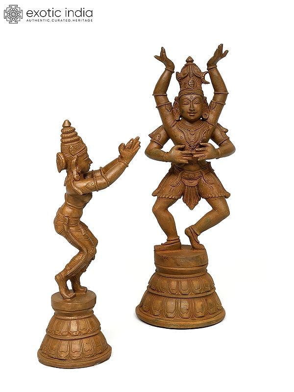 exotic india 13" Dancing Lord Shiva with Devi Parvati | Set of 2 | Bronze Statues 