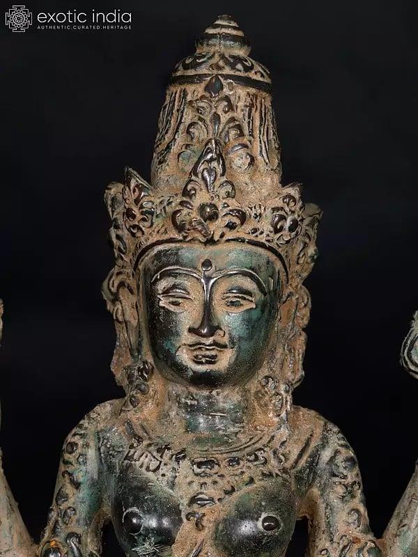 Exotic India 13" Goddess Bathari Durga With Bhairava Standing On Nandi In Brass | Handmade | Made In India 