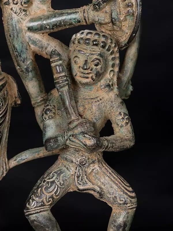 Exotic India 13" Goddess Bathari Durga With Bhairava Standing On Nandi In Brass | Handmade | Made In India 
