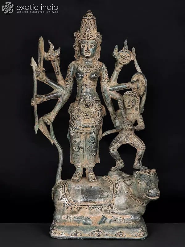 exotic india 13" Goddess Bathari Durga with Bhairava Standing on Nandi In Brass | Handmade | Made In India 