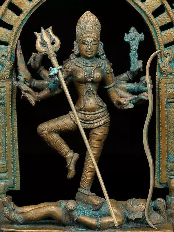 Exotic India 13" Goddess Durga Standing On Demon Mahishasura | Madhuchista Vidhana (Lost-Wax) | Panchaloha Bronze From Swamimalai 