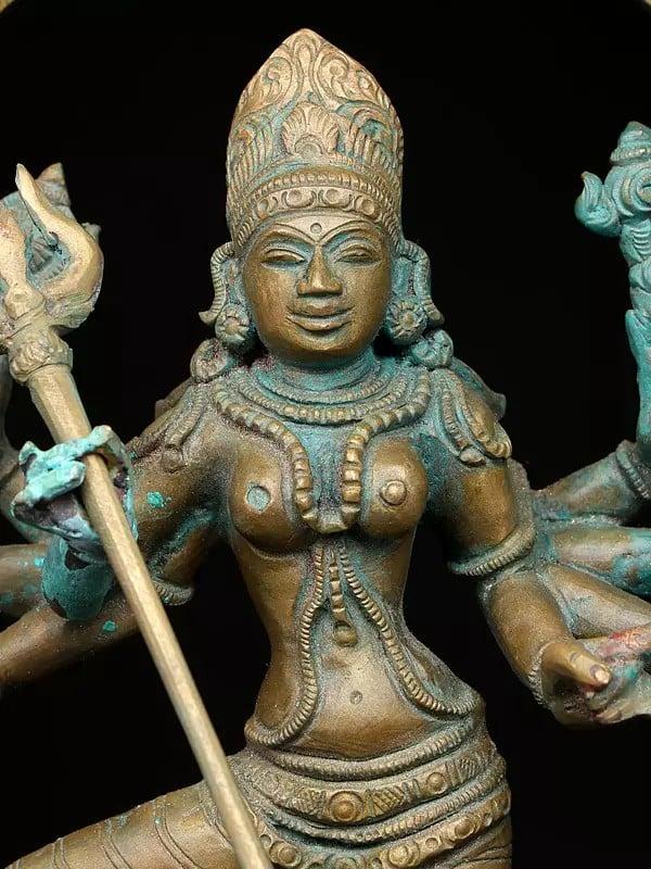 Exotic India 13" Goddess Durga Standing On Demon Mahishasura | Madhuchista Vidhana (Lost-Wax) | Panchaloha Bronze From Swamimalai 