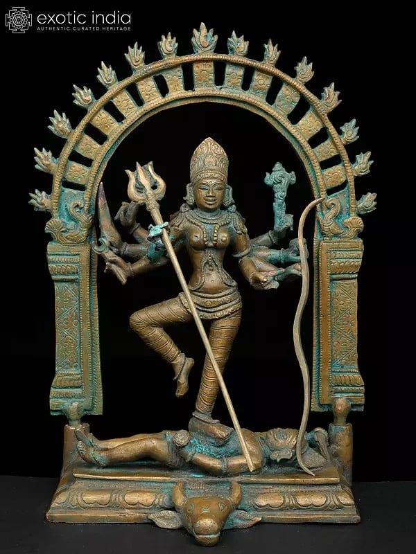 exotic india 13" Goddess Durga Standing on Demon Mahishasura | Madhuchista Vidhana (Lost-Wax) | Panchaloha Bronze from Swamimalai 