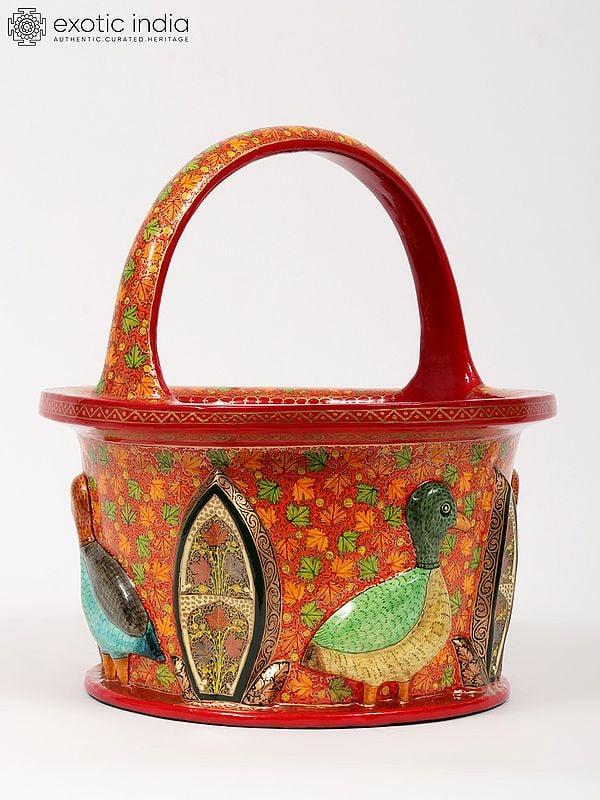 Exotic India 13" Hand Painted Designer Papier Mache Bucket | From Kashmir 