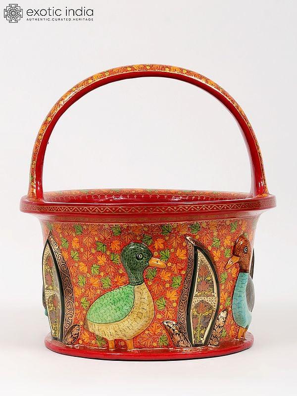 Exotic India 13" Hand Painted Designer Papier Mache Bucket | From Kashmir 