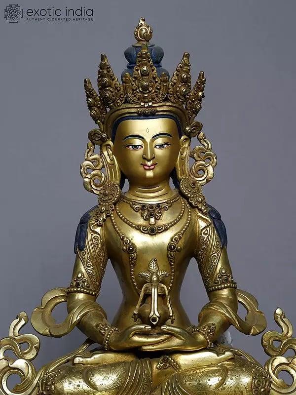 Exotic India 13" Lord Buddha Holding Kalash In Copper Gold Plated From Nepal | Handmade Statue 