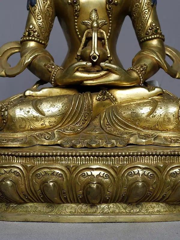 Exotic India 13" Lord Buddha Holding Kalash In Copper Gold Plated From Nepal | Handmade Statue 