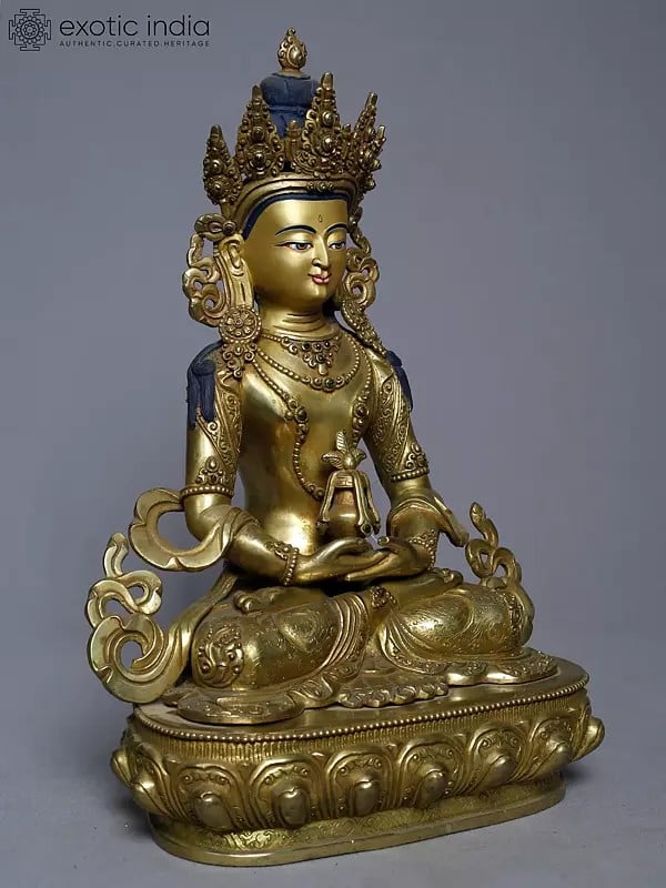 Exotic India 13" Lord Buddha Holding Kalash In Copper Gold Plated From Nepal | Handmade Statue 