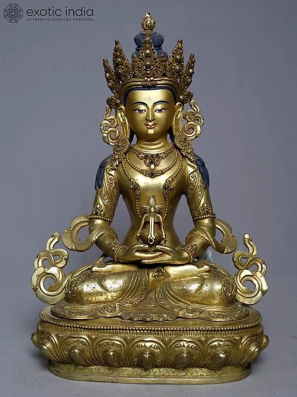 exotic india 13" Lord Buddha Holding Kalash In Copper Gold Plated From Nepal | Handmade Statue 