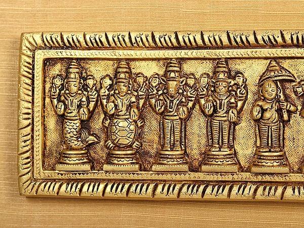Exotic India 13" Lord Dashavatar Vishnu In Brass | Wooden Wall Hanging Frame 