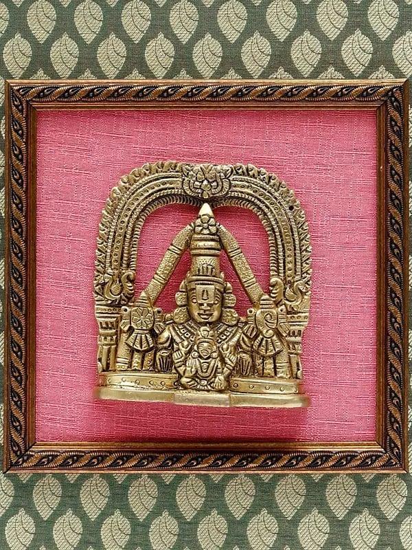 Exotic India 13" Lord Tirupati Balaji (Venkateshvara) Bust With Devi Lakshmi | Wood Framed Brass Sculpture 