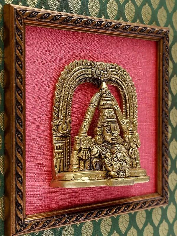 Exotic India 13" Lord Tirupati Balaji (Venkateshvara) Bust With Devi Lakshmi | Wood Framed Brass Sculpture 