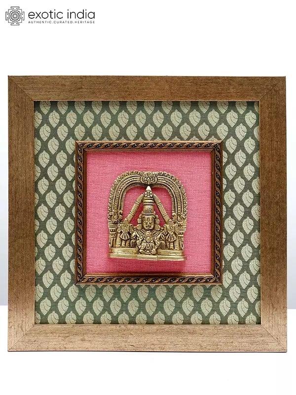 exotic india 13" Lord Tirupati Balaji (Venkateshvara) Bust with Devi Lakshmi | Wood Framed Brass Sculpture 