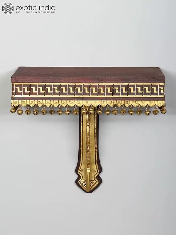 Exotic India 13" Peacock Design Wall Shelf In Wood With Brass Work | Wall Hanging 