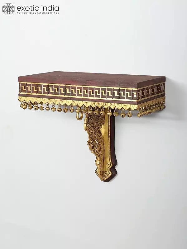 Exotic India 13" Peacock Design Wall Shelf In Wood With Brass Work | Wall Hanging 