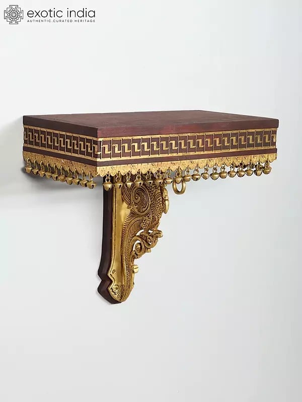 exotic india 13" Peacock Design Wall Shelf in Wood with Brass Work | Wall Hanging 