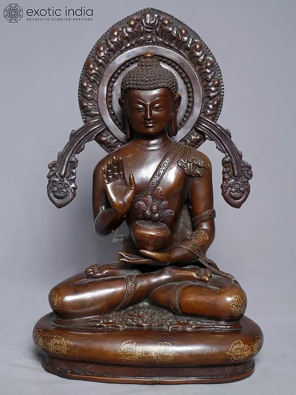 exotic india 13" Seated Copper Gold Plated Medicine Buddha From Nepal | Handmade Statue 