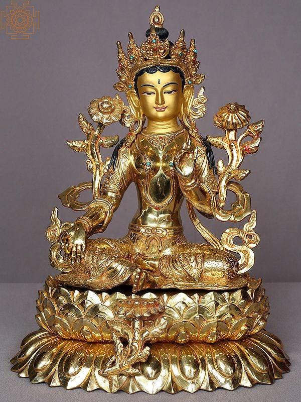 exotic india 13" Seated Goddess Green Tara Statue From Nepal 