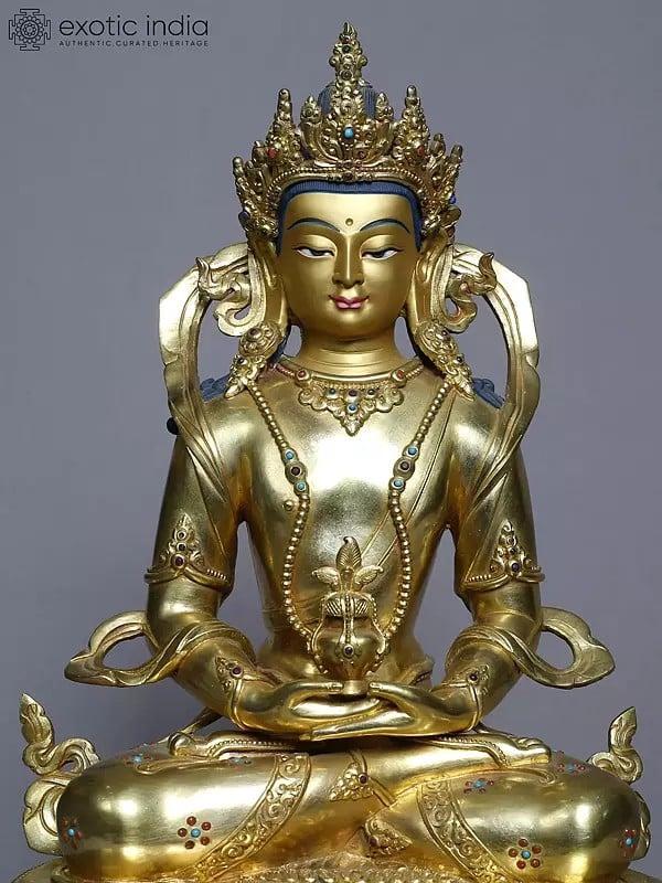 Exotic India 13" Seated Lord Aparmita Buddha With Kalash In Copper Gold Plated From Nepal 