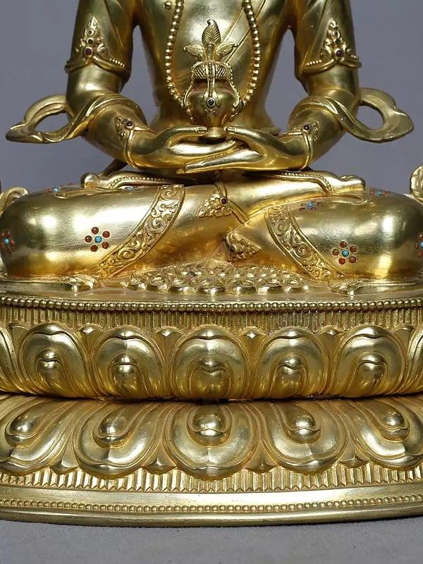 Exotic India 13" Seated Lord Aparmita Buddha With Kalash In Copper Gold Plated From Nepal 