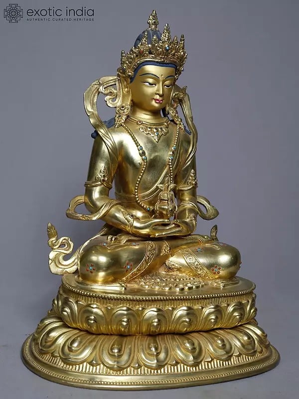 Exotic India 13" Seated Lord Aparmita Buddha With Kalash In Copper Gold Plated From Nepal 